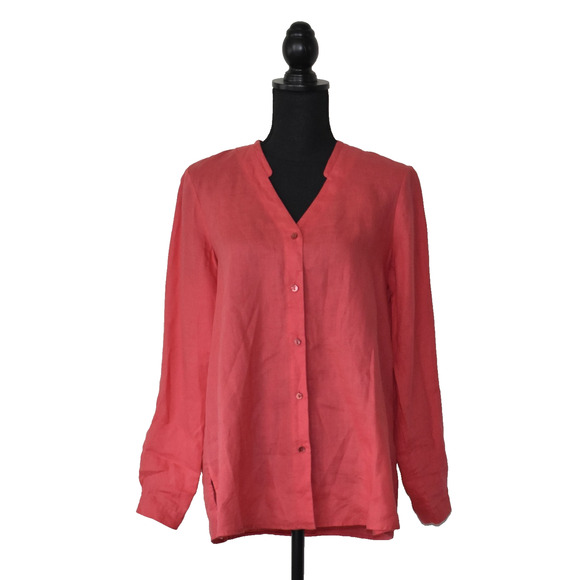 A5 Auth EILEEN FISHER Red Irish Linen V Neck Petite Blouse Shirt Top Size PM - Picture 1 of 6